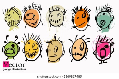 Set of creative cool faces with emotions. constructor elements, eyes, mouth,nose, ear. Modern art character. Brush stroke. Grunge texture. Creatures design vector