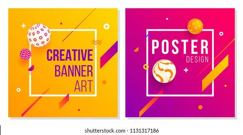 Set Of Creative Cover Art With 3D Balls And Abstract Shapes Patterns. Dynamic Design For Poster, Banner, Ad, Card, Header, Page, Light Box, Social Media