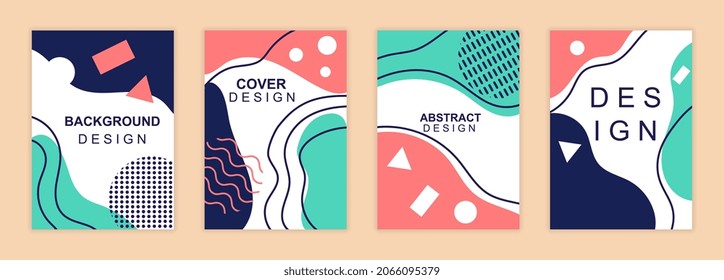 Set of Creative cover design. Modern posters with lines, geometric shapes and abstract colorful spots. Templates with space for text. Cartoon flat vector collection isolated on beige background