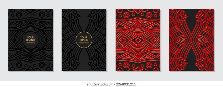 Set of creative covers, vertical templates. Collection of relief geometric backgrounds with 3D pattern, press paper. Themes of the East, Asia, India, Mexico, Aztecs, Peru. Ethnic boho motifs.