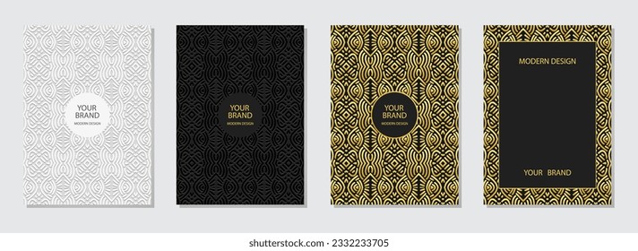 Set of creative covers, vertical templates. Collection of embossed geometric backgrounds with ethnic 3D pattern, golden texture. Tribal ornaments, boho style of East, Asia, India, Mexico, Aztec, Peru.
