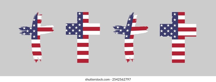 Set of creative crosses with US flag inside and clipping mask. Isolated design. Christian ministry branding concept. Charity project identity design. Sunday school logo design element. Clip art icons.