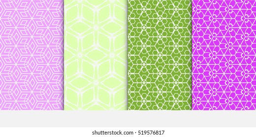 set of creative cube pattern. optical illusion. Seamless geometry design. green, purple color. Vector illustration.