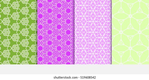 set of creative cube pattern. optical illusion. Seamless geometry design. green, purple color. Vector illustration.