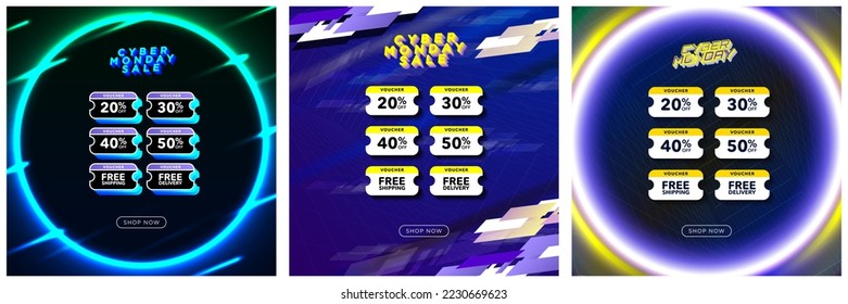 Set of Creative Cyber Monday Sale Discount Vouchers layout designs. Price discounts, free shipping, free delivery. Rings of multi-colored lights. Editable Vector Illustration. EPS 10.