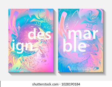 Set of creative design posters with marbling. Modern marble textures. Paint splash. Colorful fluid for poster, invitation, cover. Trendy style. Vector illustration.