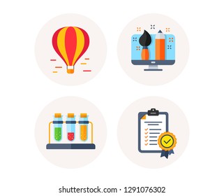 Set of Creative designer, Chemistry and Air balloon icons. In compliance sign. Portfolio, Laboratory tubes, Sky transport. Certified checklist. Colorful icons in round buttons. Vector
