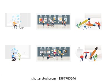 Set of creative designers working at workplace. Flat vector illustrations of people at art gallery, artists with paint brushes. Art concept for banner, website design or landing web page
