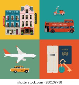 Set of creative detailed vector icons on traveling and tourism featuring transport vehicles retro scooter, double decker touring bus, airliner, taxi cab car, travel documents and hotel buildings