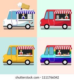 Set creative detailed vector street coffee cart, ice cream, juice and hamburger shop with sellers. Street food or junk food in food festival event.