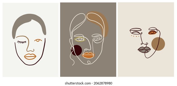 Set creative digital hand drawings faces of woman. One continuous line portrait with colorful shapes in abstract style. Cubism face. Design for printable art in interior decor. 