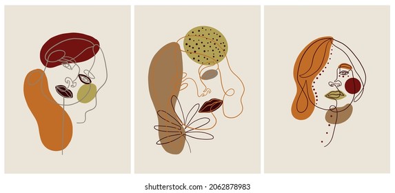 Set creative digital hand drawings faces of woman. One continuous line portrait with colorful shapes in abstract style. Cubism face. Design for printable art in interior decor. 