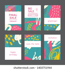 Set of creative doodle geometric cards. Designs for prints, wedding, anniversary, birthday, Valentine's day, party invitations, posters, cards, etc. Vector. Isolated.