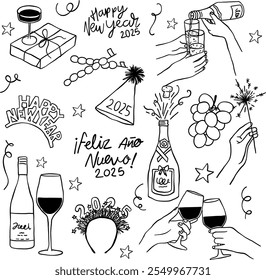 Set of creative doodle illustrations for decorating and celebrating New Year, line art style or hand drawn	