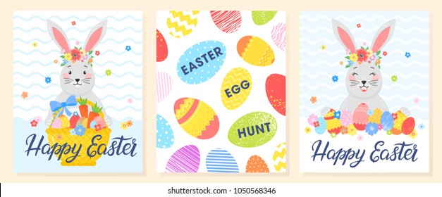 Set of creative Easter cards.Hand drawn lettering with eggs, cute bunny and flowers.Seasons greetings card perfect for prints,flyers,banners,holiday invitations and more.