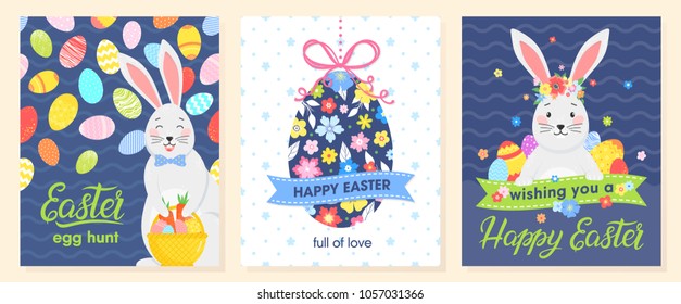 Set of creative Easter cards.Hand drawn lettering with eggs, cute bunny and flowers.Seasons greetings card perfect for prints,flyers,banners,holiday invitations and more.