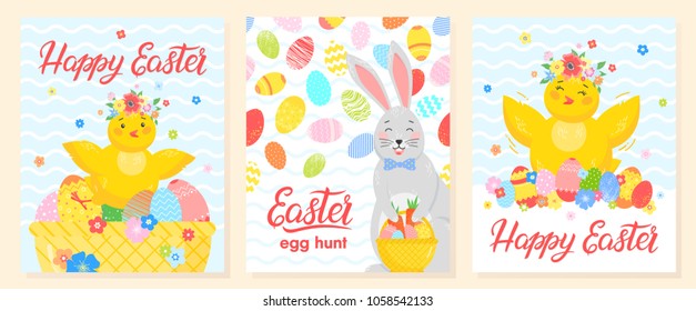 Set of creative Easter cards.Hand drawn lettering with eggs, little chick,cute bunny and flowers.Seasons greetings card perfect for prints,flyers,banners,holiday invitations and more.