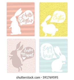 Set of creative Easter and spring art cards. Rabbits silhouette with hand drawn lettering inside. Hand Drawn textures. Vector Illustration 