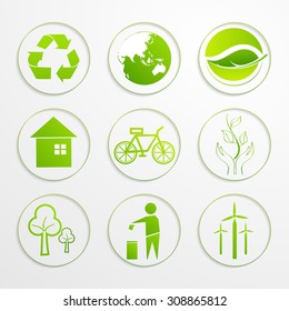 Set of creative ecological signs and symbols on gray background.