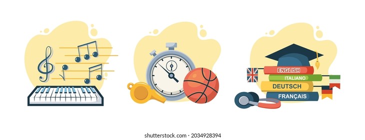 Set of creative educational lesson supplies. Music, physical culture and languages learning. Back to school. Education book and textbook, piano with notes and stopwatch with ball cartoon vector