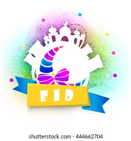 Set of creative elements as Glossy Crescent Moon, Stylish Text Eid on Ribbon, Gifts and Mosque, Beautiful Islamic Background, Elegant Greeting Card for Muslim Community Festivals celebration.