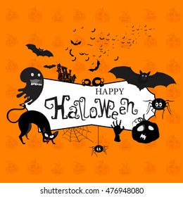 Set of creative elements as scary ghost, cat, flying bat, castle, skull, spider, zombie hand and pumpkin on orange background for Happy Halloween Party celebration.