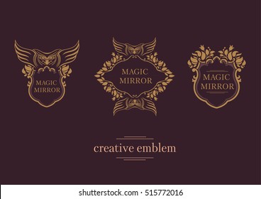 Set creative emblem of the magic mirror with an owl
