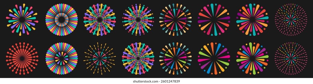 Set of creative fireworks explosion design vectors, ornament fireworks colorful design vector.