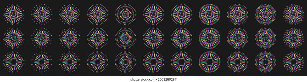 Set of creative fireworks explosion design vectors, ornament fireworks colorful design vector.