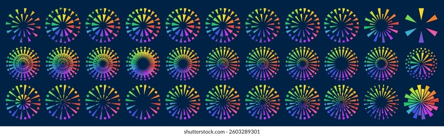 Set of creative fireworks explosion design vectors, ornament fireworks colorful design vector.