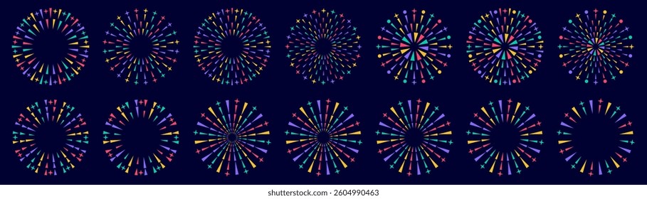 Set of creative fireworks explosion design vectors, ornament fireworks colorful design vector.