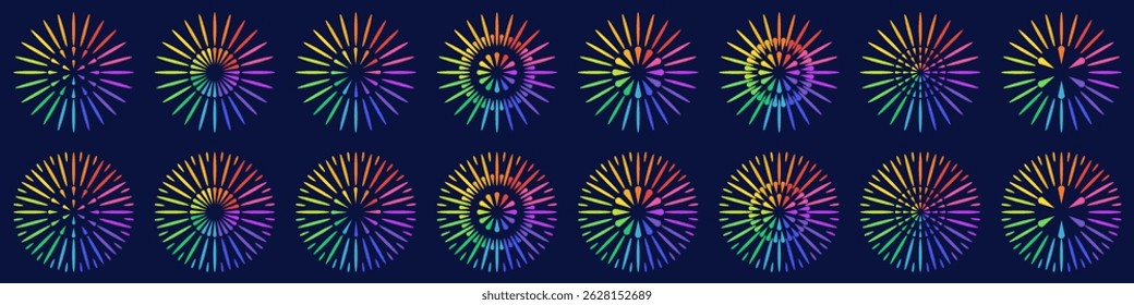 Set of creative fireworks explosion design vectors, ornament fireworks colorful design vector.
