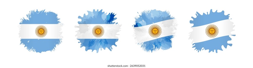 Set of creative flags of Argentina. Watercolor style spots with flag backdrop and isolated clipping mask. Artistic brushing strokes. Holiday or sports graphic collection. Clothing logo. T shirt print.