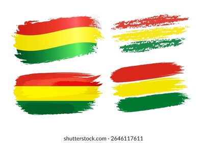 Set of creative flags of Bolivia in brushing stroke style. Three color flag in watercolor, pencil and chalk drawing variations. 3D and flat collection. Business or holiday event concept. Graphic signs