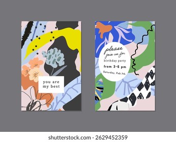 Conjunto de carteles o tarjetas de arte floral creativo. Texturas dibujadas a mano. Boda, aniversario, cumpleaños, día de San Valentín, invitaciones de fiesta, cubiertas