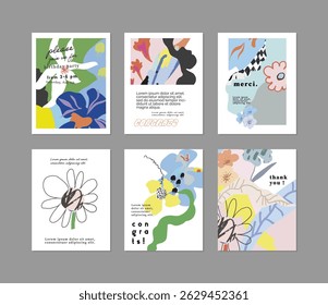 Set of creative floral art posters or cards. Hand Drawn textures. Wedding, anniversary, birthday, Valentin's day, party invitations, covers