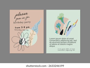 Set of creative floral art posters or cards. Hand Drawn textures. Wedding, anniversary, birthday, Valentin's day, party invitations, covers