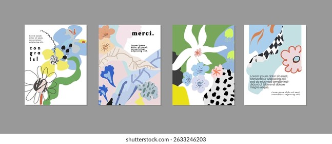Set of creative floral art posters or cards. Hand Drawn textures. Wedding, anniversary, birthday, Valentin's day, party invitations, covers