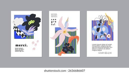 Set of creative floral art posters or cards. Hand Drawn textures. Wedding, anniversary, birthday, Valentin's day, party invitations, covers