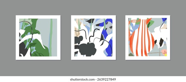 Set of creative floral art posters or cards. Hand Drawn textures. Wedding, anniversary, birthday, Valentin's day, party invitations, covers