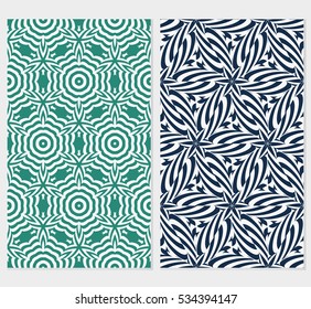 set of Creative floral geometric seamless pattern. psychedelic vector illustration. blue, green, grey background. For design, wallpaper