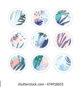 Set of creative floral stickers in tropical style. Hand drawn textures. Can be used as decor elements for cards, posters, invitations. Vector. Isolated