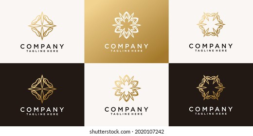 Set of creative flower lotus logo with modern line art style Premium Vector