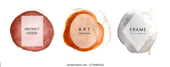 Set of creative frames with watercolor strokes and gold sparkles.Modern design for postcards, invitations, brochures and other uses.Vector illustration