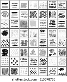 Set of creative freehand cards. Hand Drawn monochrome textures isolated on white
