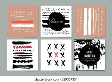 Set of creative freehand cards. Hand Drawn textures made with ink. Invitation. Trendy Posters with hand drawn Background. Modern Hipster Style for Invitation