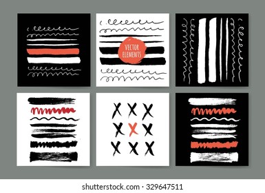 Set of creative freehand cards. Hand Drawn textures made with ink.