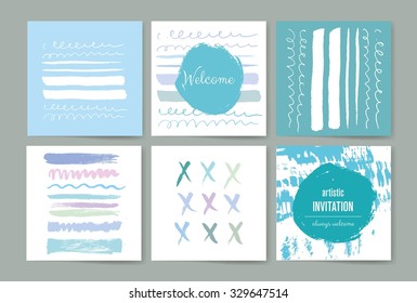 Set of creative freehand cards. Hand Drawn textures made with ink. Invitation. Trendy Posters with hand drawn Background. Modern Hipster Style for Invitation