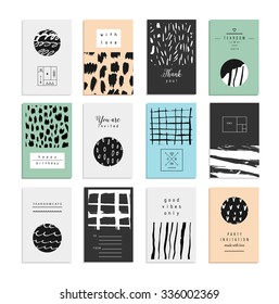 Set of creative freehand cards. Hand Drawn textures made with ink. Vector. Isolated.