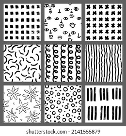 
Conjunto de patrones creativos de mano libre. Texturas dibujadas a mano. 
Círculos, cruces, puntos, curvas, flores, cara. Gráficos en blanco y negro. Impresión vectorial. Patrones sin inconvenientes.